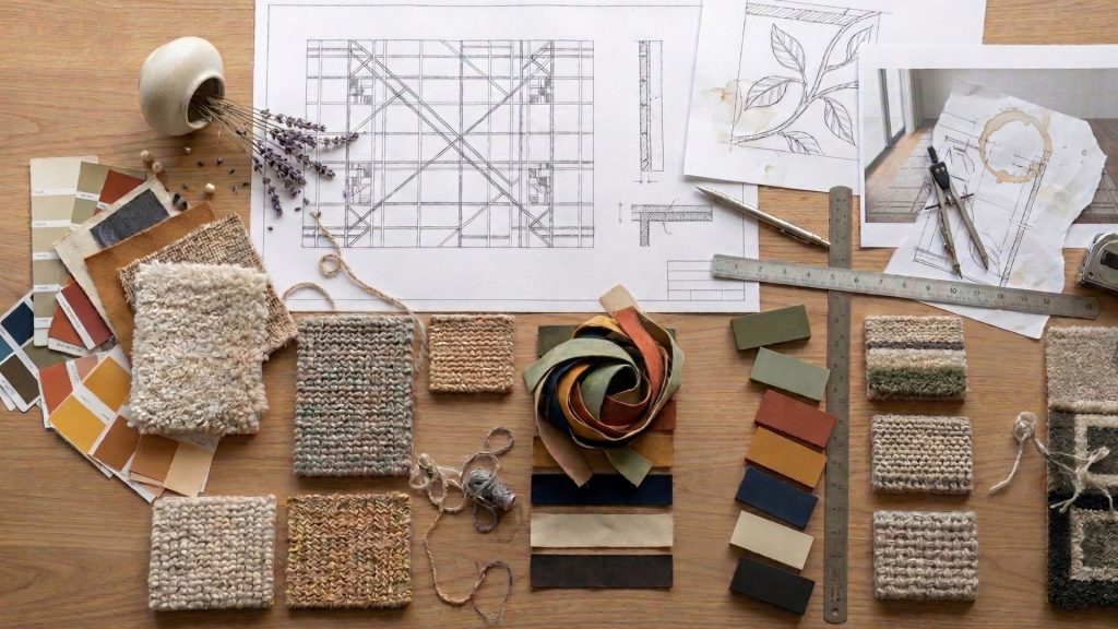 Custom rug materials on a desk.