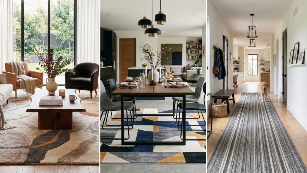 A side-by-side comparison of rugs in a living room, dining room. and a hallway.
