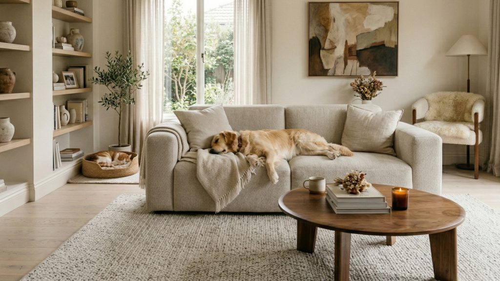 A golden retriever sleeping on a sectional and a cat in the background.