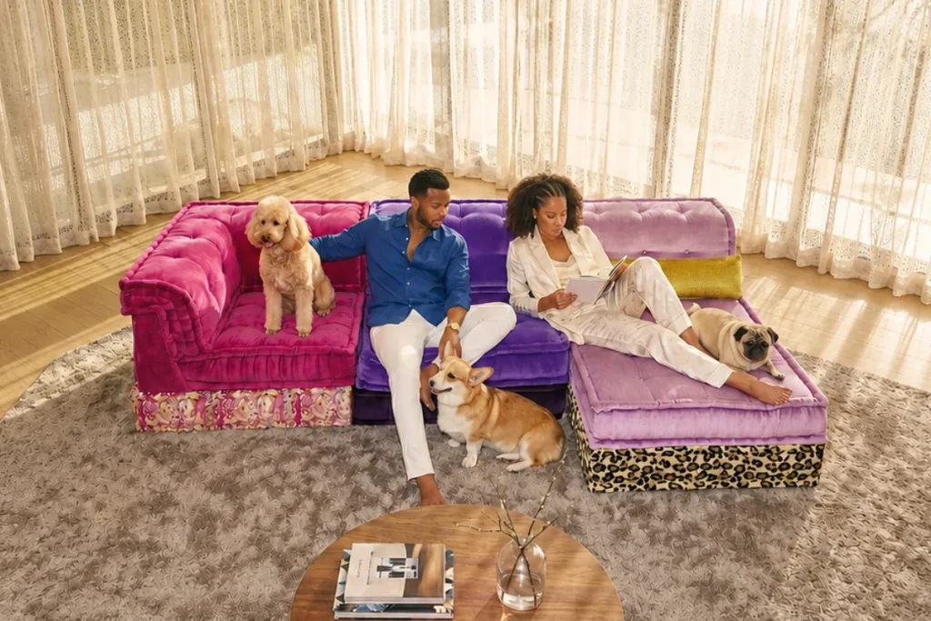 Three dogs on a purple and pink Mah Jong couch with a couple