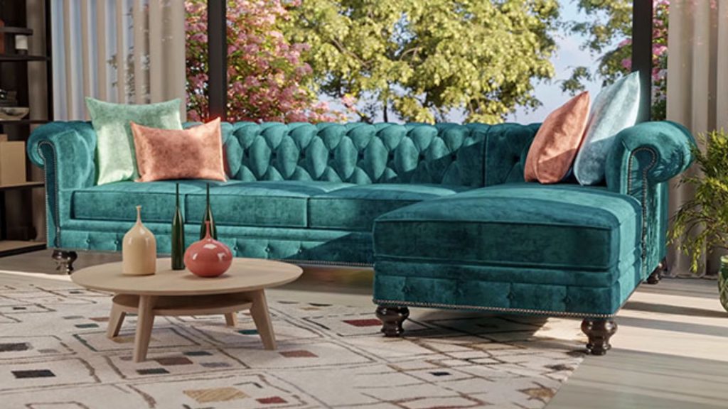 Dream Sofa's green sectional in a living room.