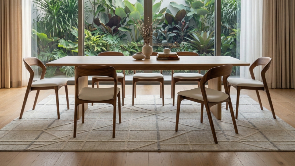 A flat rug in a dining room.