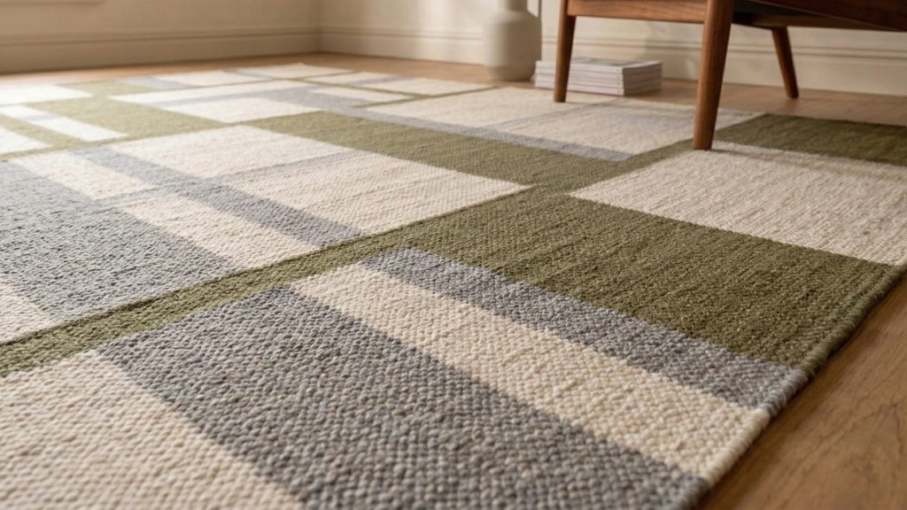 A flat weave rug on the floor.