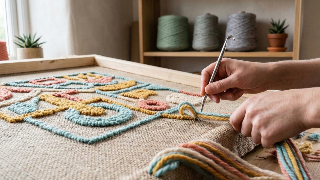 A rug artisan creating a hand hooked rug.