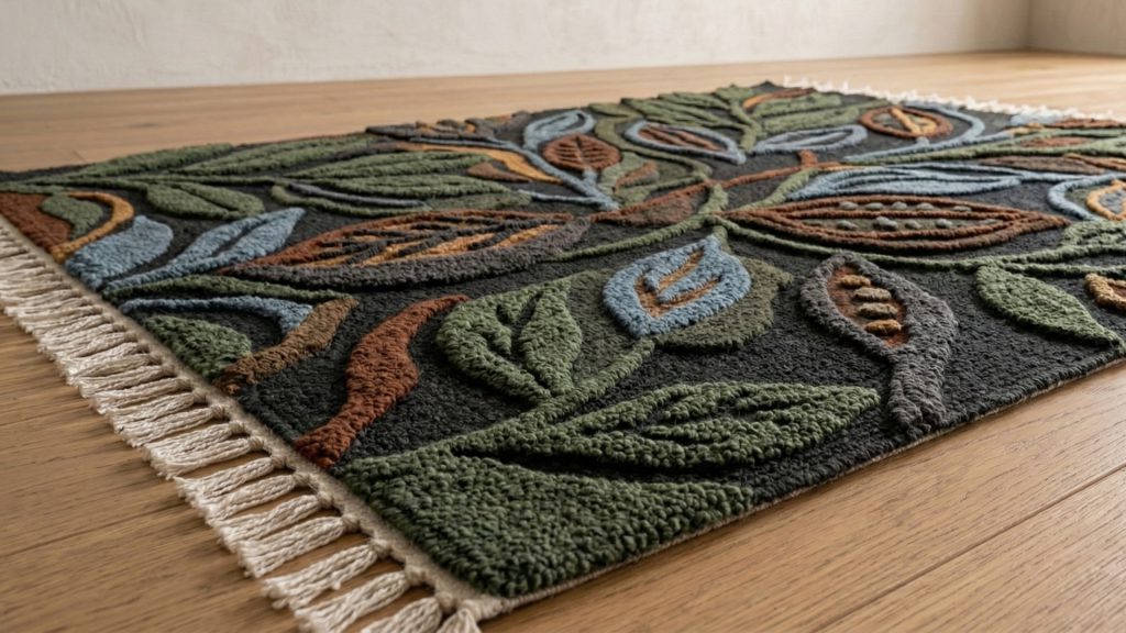 A closeup of a hand-hooked rug with high levels of detailing.