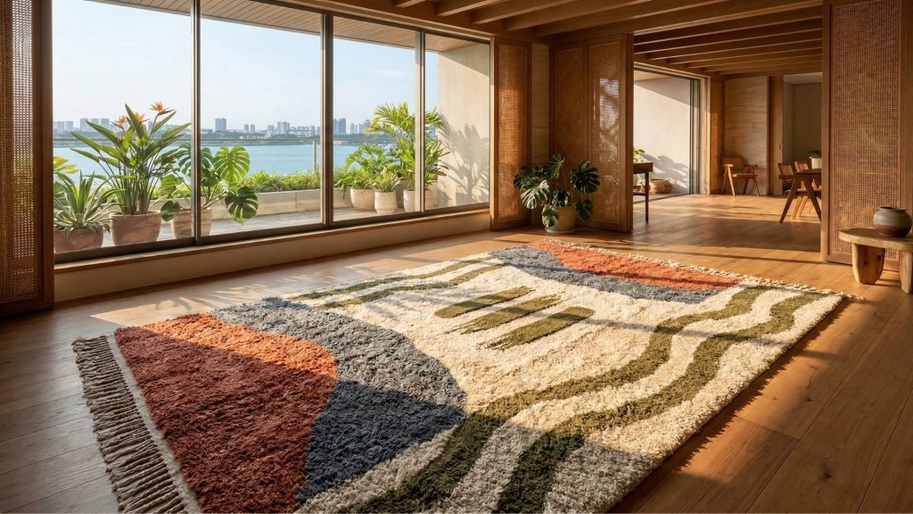 A large hand-knotted area rug in a spacious room.