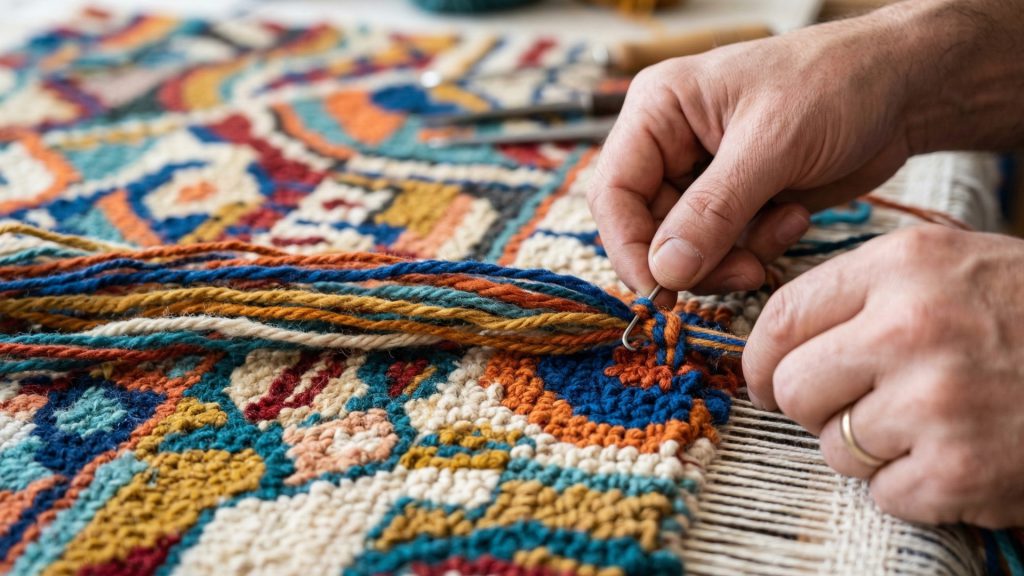 A closeup image of an artisan hand-knotting a rug.