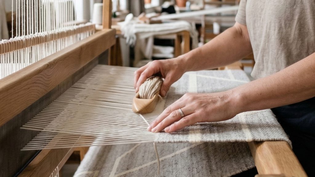 A craftsman creating a hand-loomed rug.