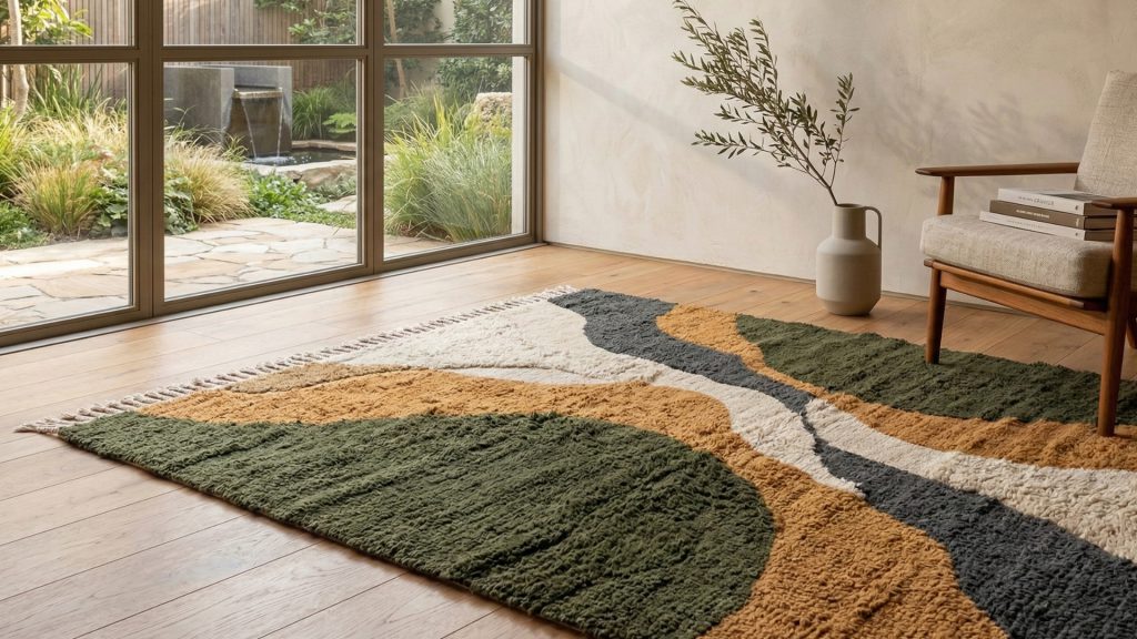 A hand loomed rug in a living room next to a window.