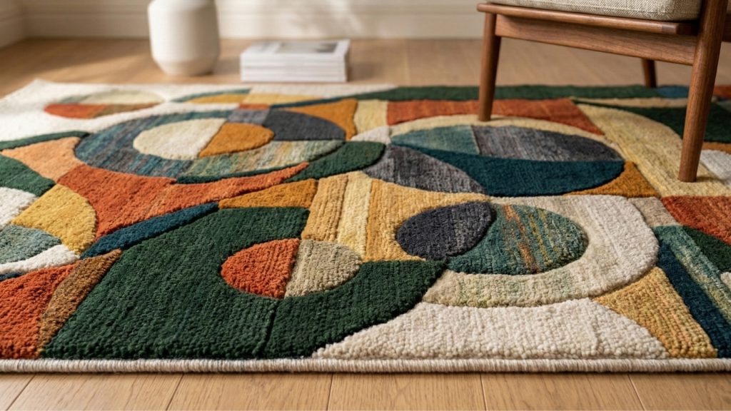 A multicolored hand-tufted rug on the floow.
