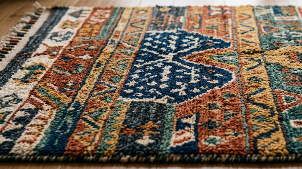 A closeup image highlighting the details of a hand-weaved rug.