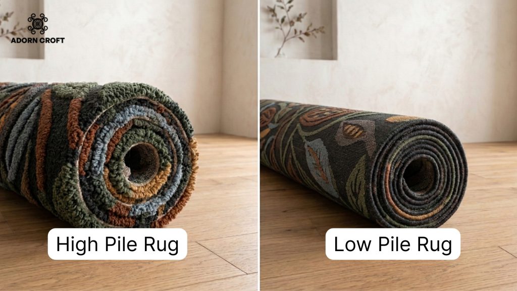 A side-by-side comparison of a high pile and low pile rug.