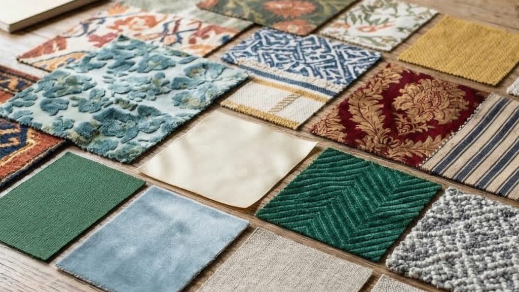 Kid-friendly sofa fabric swatches laid on a table.