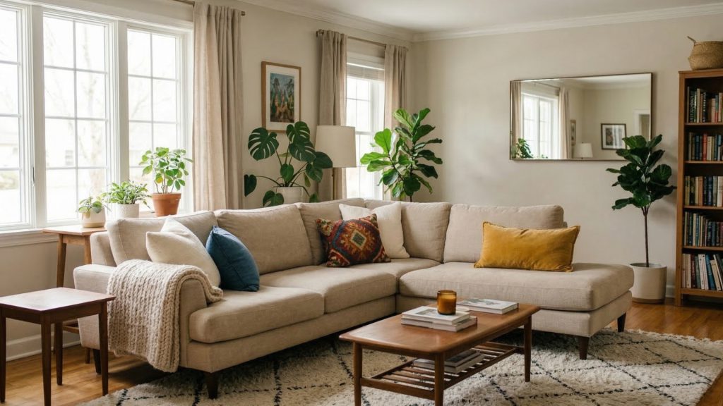 A sofa upholstered with kid-friendly fabrics in a cozy living room.