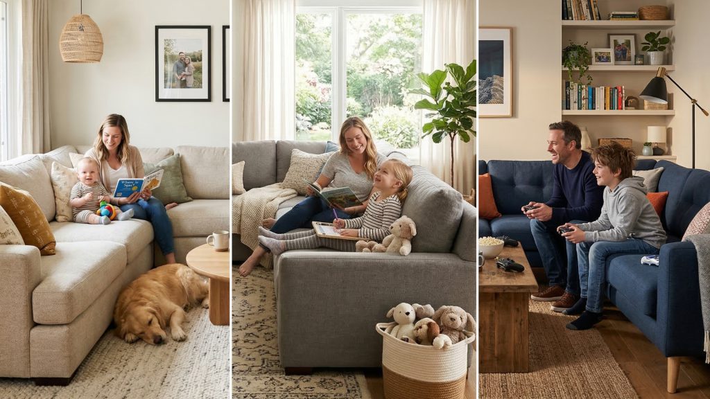 Comparison of sofas with materials for babies, young kids, and teens.