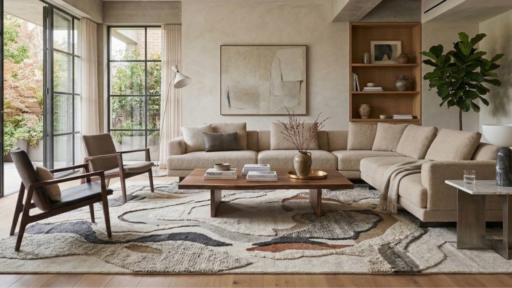 A large rug in a living room with an L-shaped sectional.