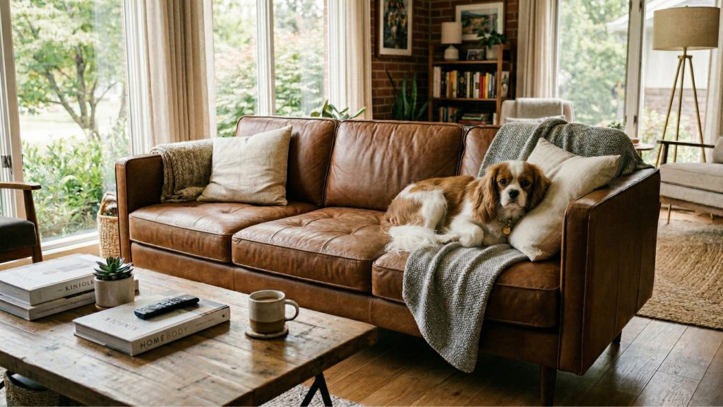 A brown leather sofa with a dog on it in a classic living room.