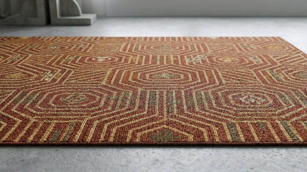 A red mercerized nylon rug on a floor.