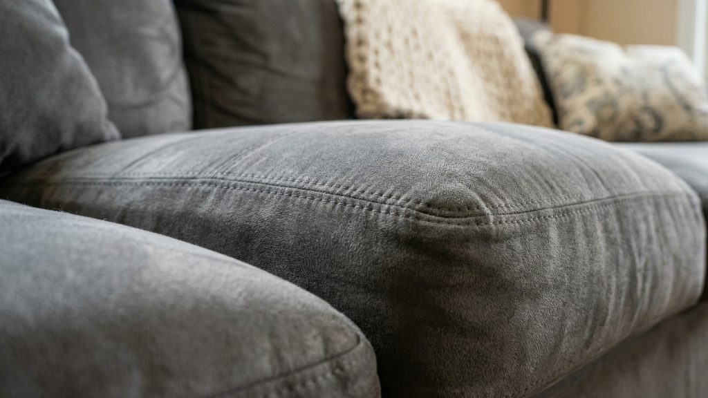 A closeup image of a grey microfabric sofa.