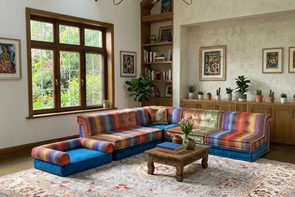 A mini pet sofa beside beside a colorful L-sectional modular sofa