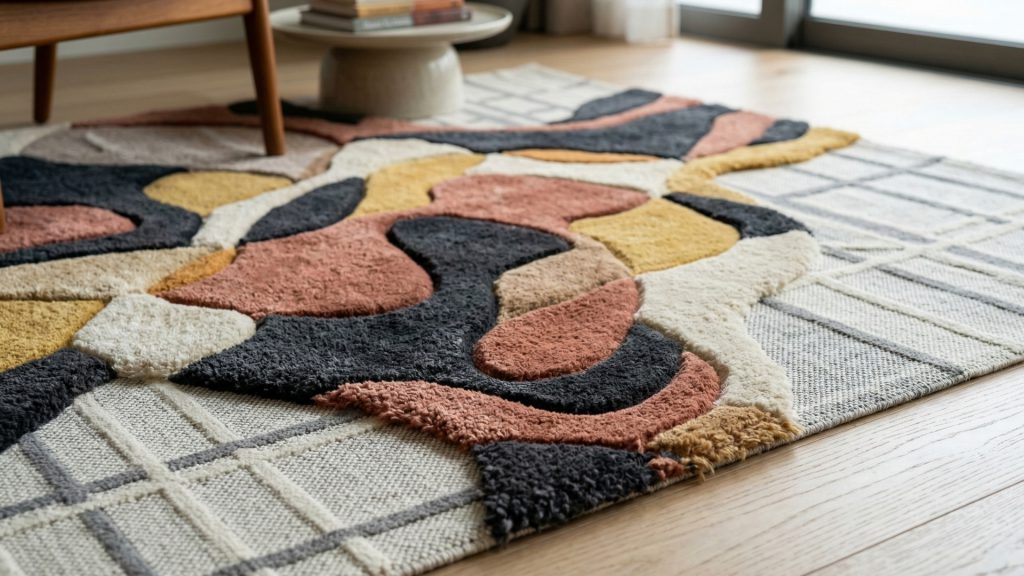 A modern rug with various textures.