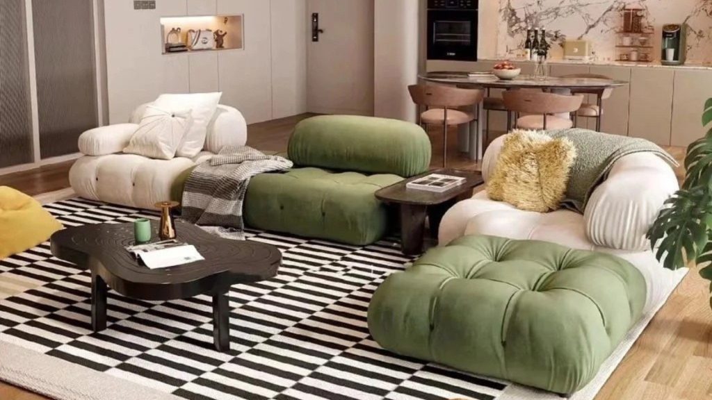 A modular sofa set with green and white fabrics for children.
