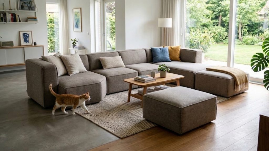 A grey modular sofa set with an ottoman and a cat walking around it.