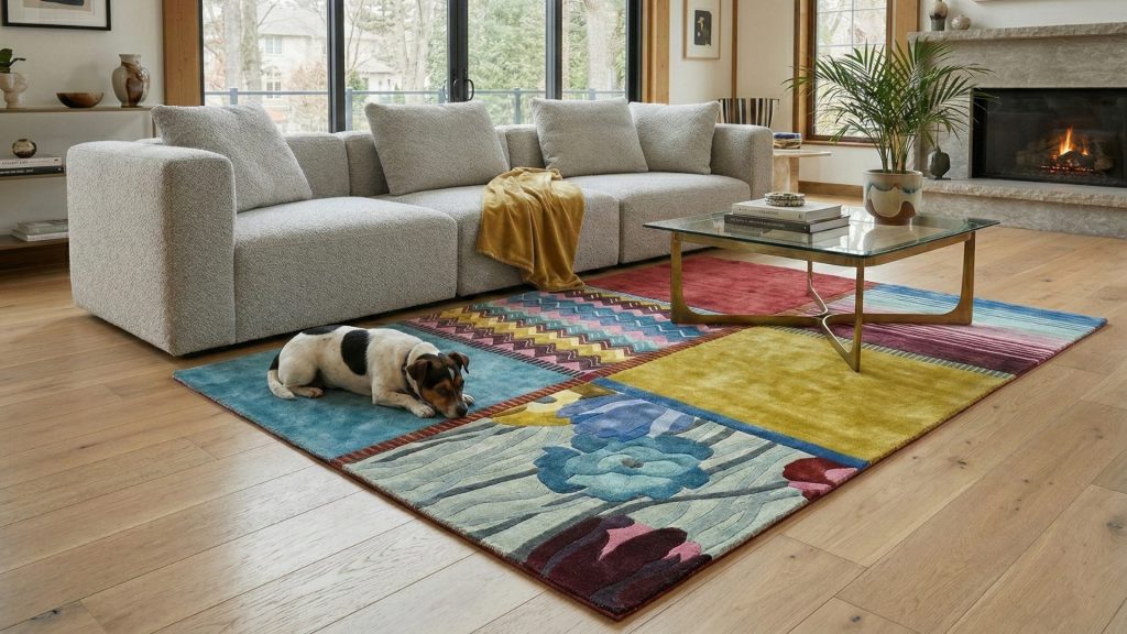 A multicolored rug in a living room with a white dog with black spots.