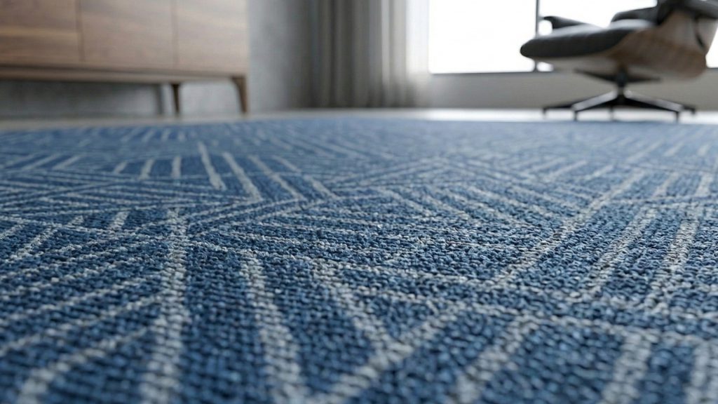 A closeup image of a blue nylon rug with multiple patterns.