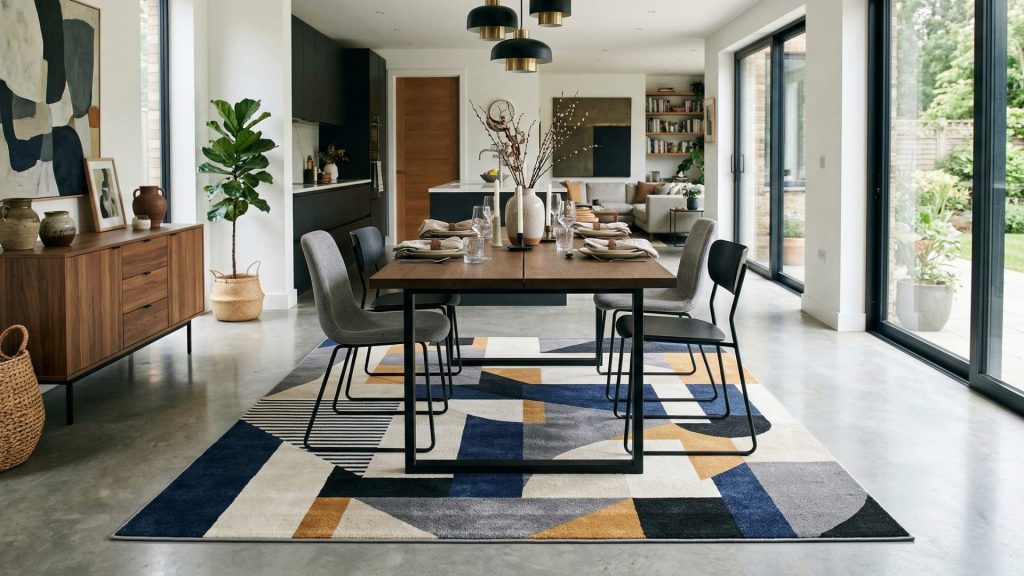 A flat rug in a modern dining room area.