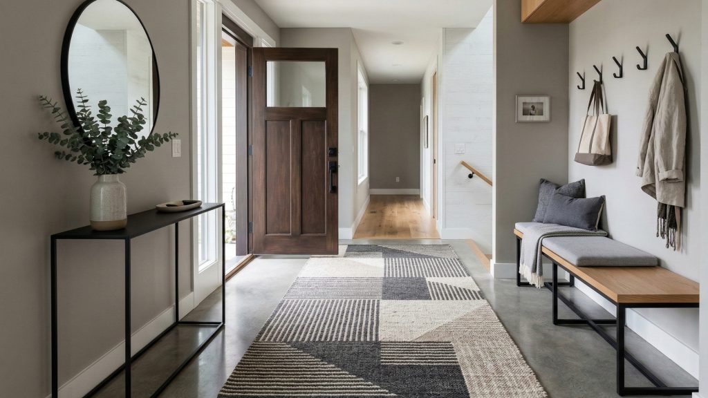 A flat rug in a modern entryway.