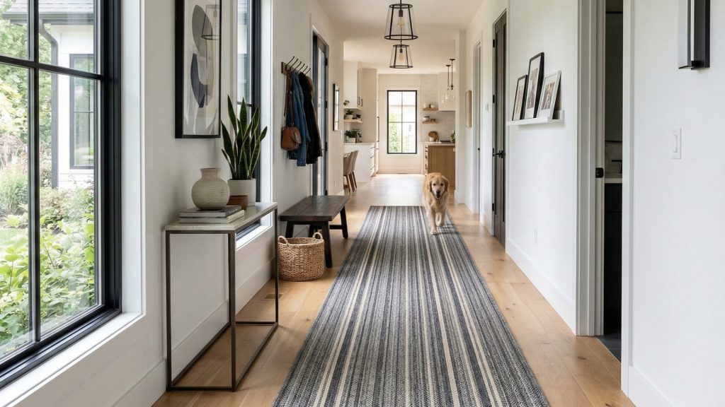 A long rug in a hallway with a golden retriever.