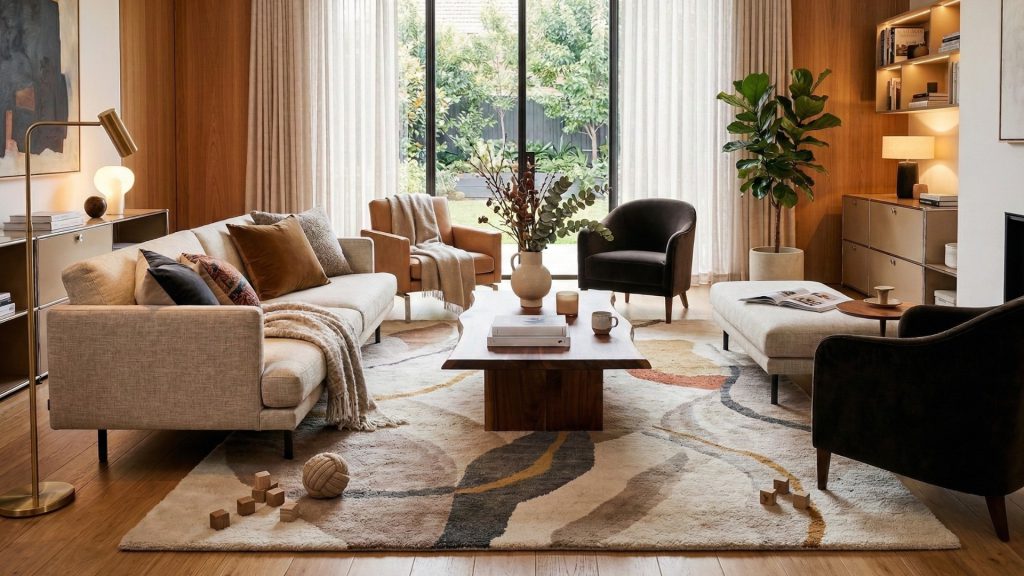 A living room rug in a modern living room area.