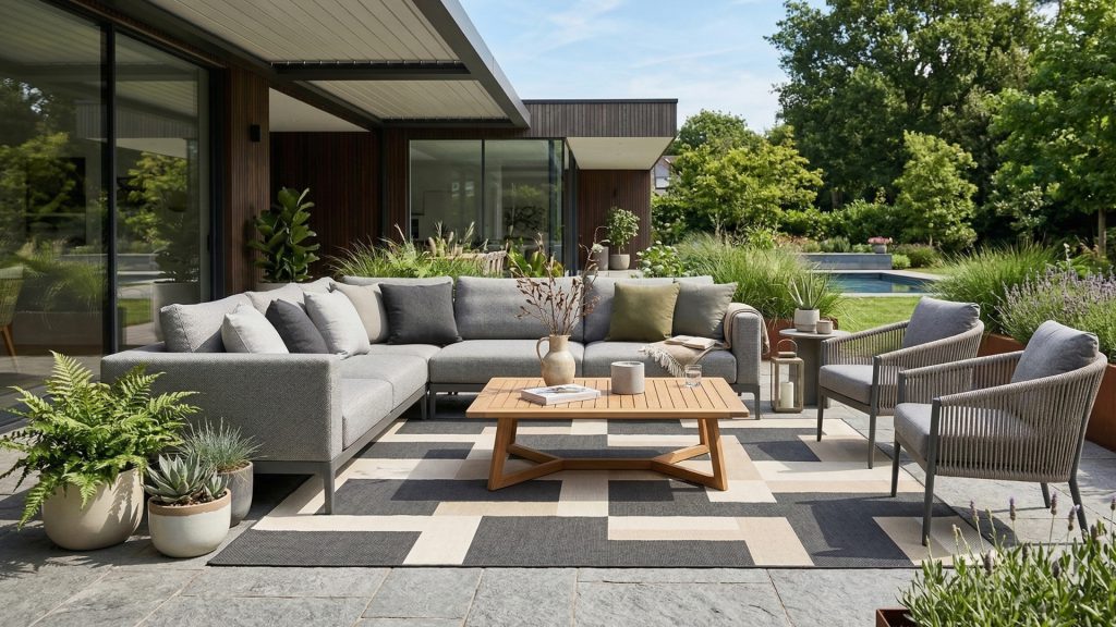 An outdoor rug in a backyard space.