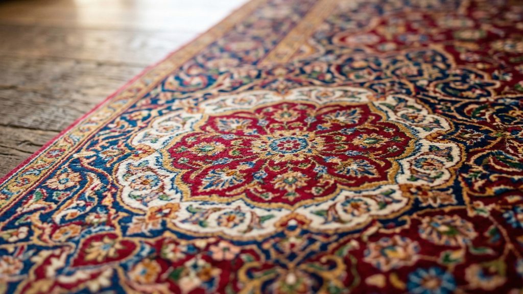 A closeup image of a silk rug with a classic pattern.