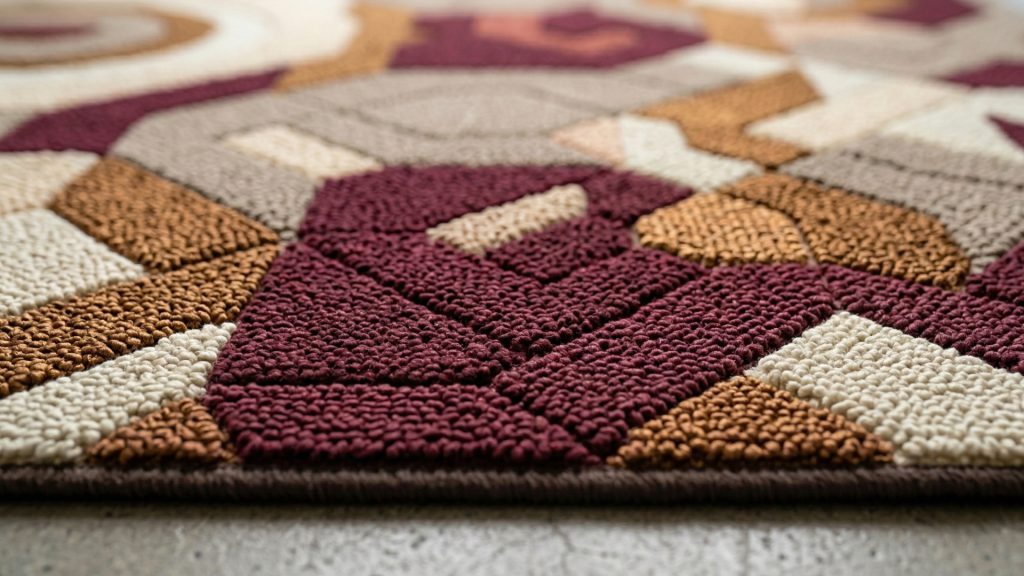A closeup image of a synthetic rug with multiple patterns.