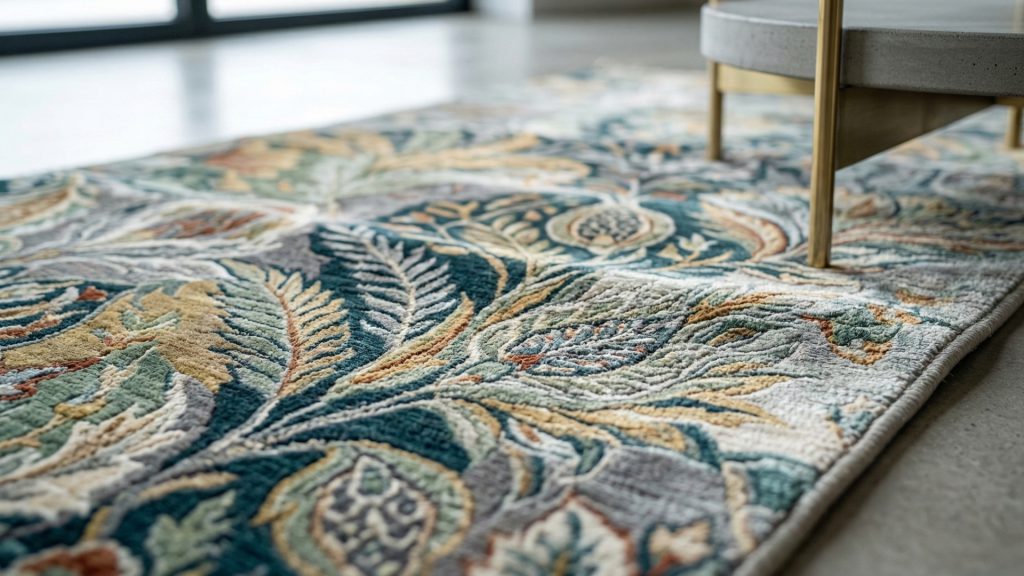 A closeup image of a Tencel rug with multiple patterns.