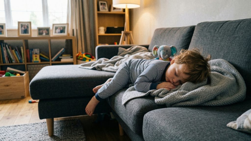 A male toddler sleeping on a sofa.