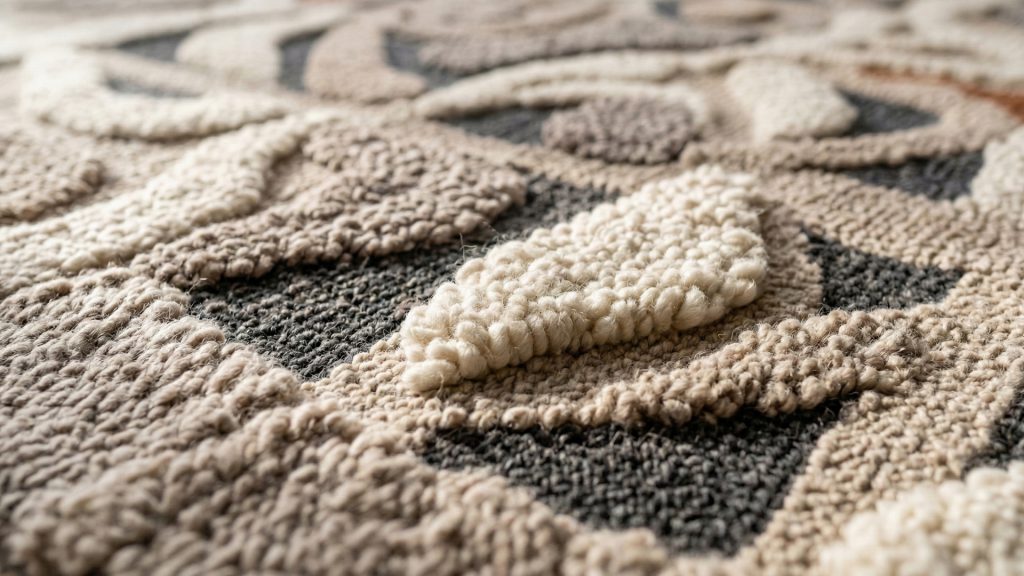 A closeup image of a wool rug with multiple patterns.