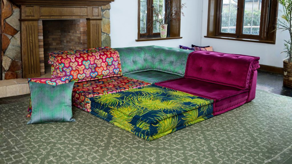 Adorn Croft's bespoke colorful sofa with four modules created for a client.