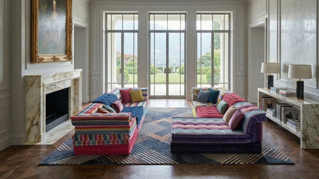 Adorn Croft's colorful sofa set with a chaise in a living room.