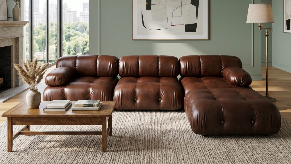 Adorn Croft's Mario Bellini Sofa in tan leather.