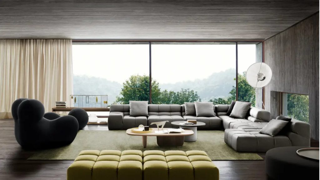 B&B Italia's iconic seating, including the Tufty-Time and Serie Up 2000 in a living room.