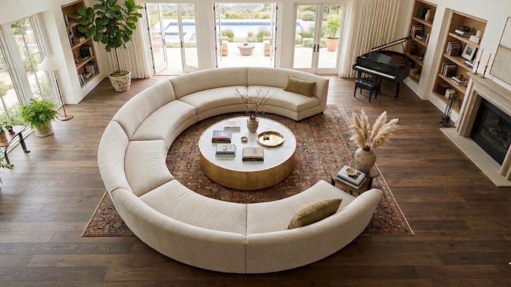 Bespoke circular couch in a large modern living room.