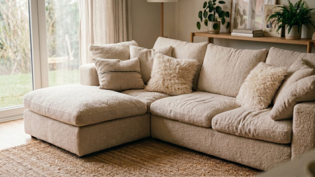 A light boucle sofa in a living room.