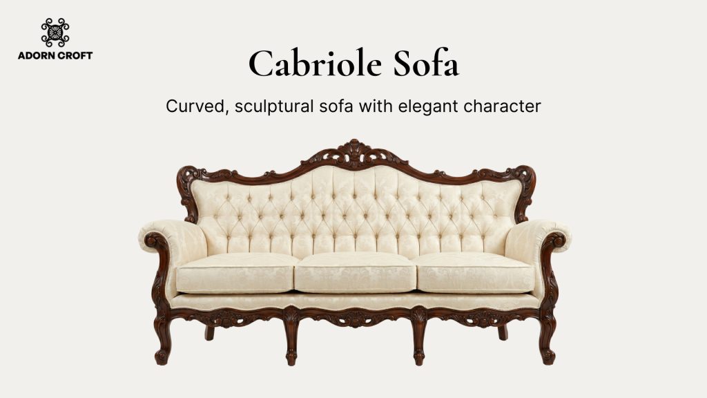 Graphic of a Cabriole sofa with a short description about its distinctive features.