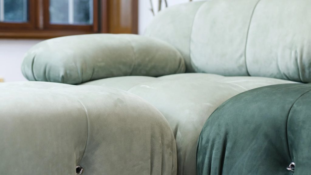 Closeup of the nubuck leather of the Camaleonda Sectional.