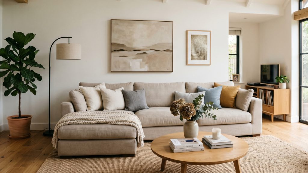 A comfortable sectional in a living room.