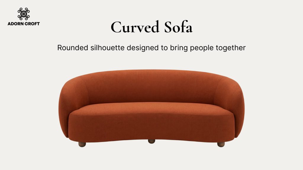 Graphic of a curved sofa with a short description about its distinctive features.