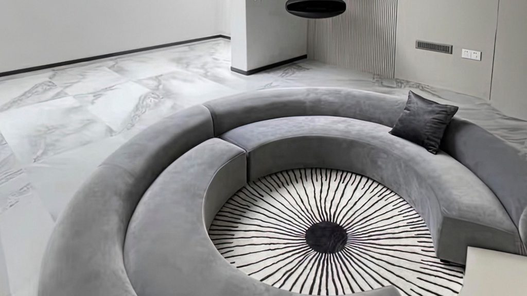 A customized round sofa in a living room.